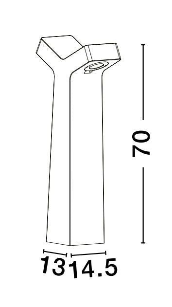 Schéma technique coté : hauteur 70 cm, largeur 13 et 14,5 cm.