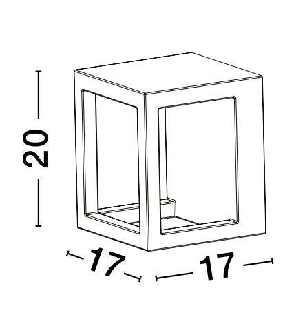 Schéma technique coté de l'applique : hauteur 20 cm, largeur 17 cm, profondeur 17 cm.