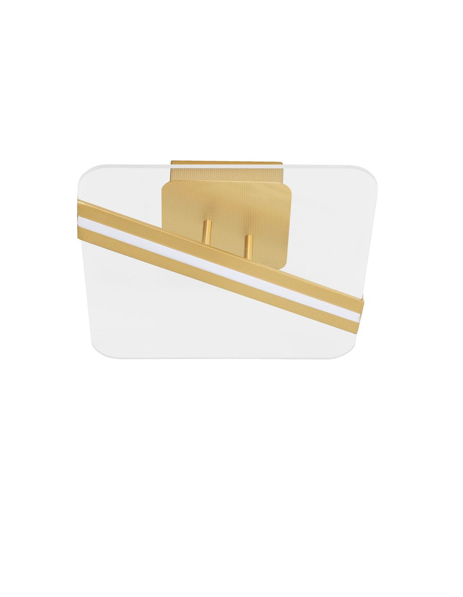 Vue de dessous du luminaire carré avec diffuseur blanc et diagonale dorée