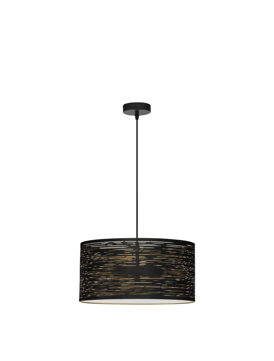 Vue de face du luminaire suspendu sur fond blanc, abat-jour cylindrique et câble