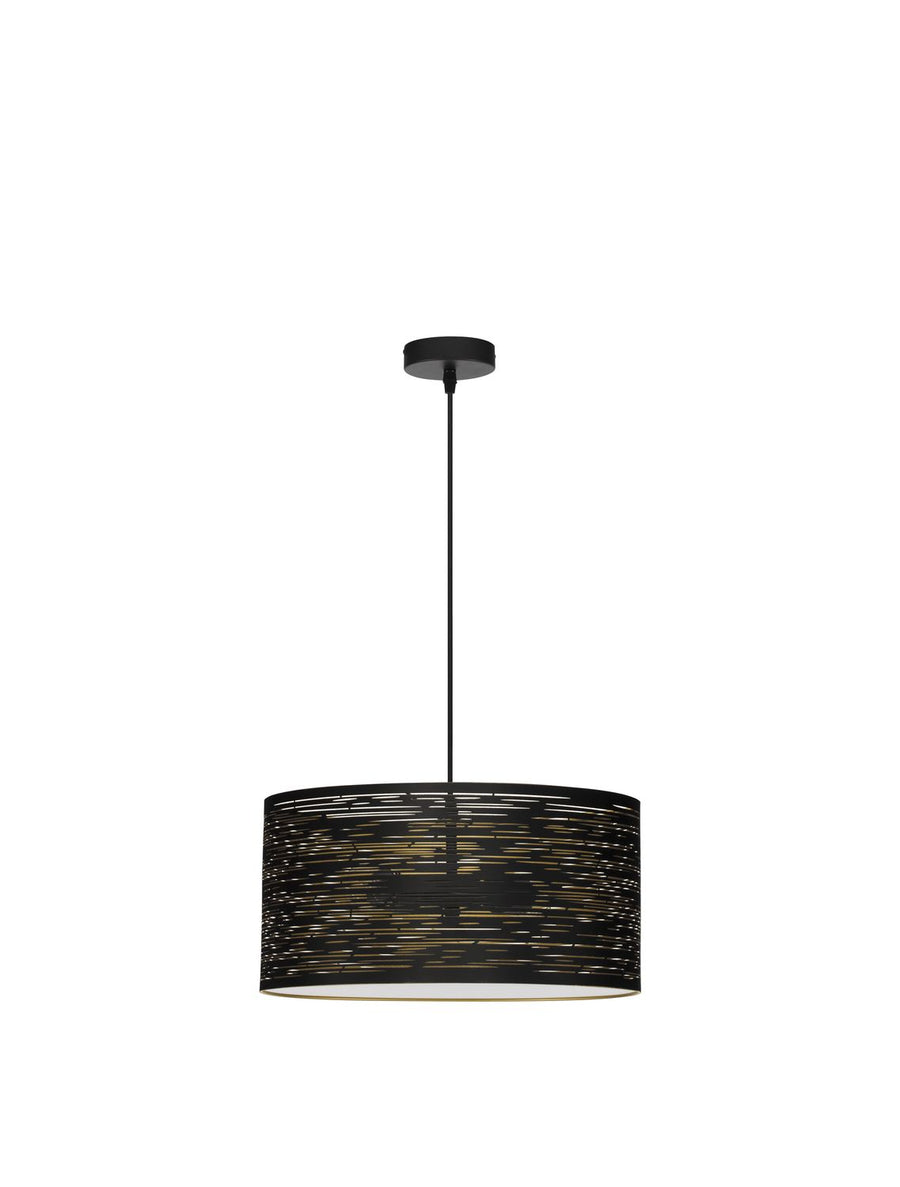 Vue de face du luminaire suspendu sur fond blanc, abat-jour cylindrique et câble