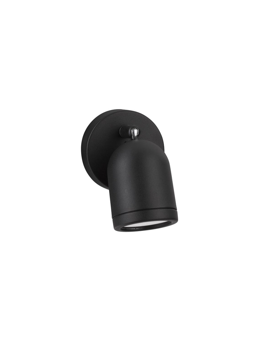 Produit seul sur fond blanc, projecteur cylindrique noir mat orientable vu de trois quarts