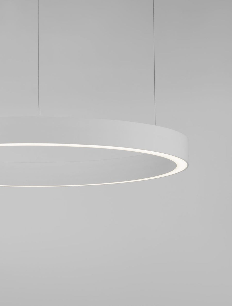 Détail rapproché du bandeau LED blanc diffusant la lumière sous l'anneau