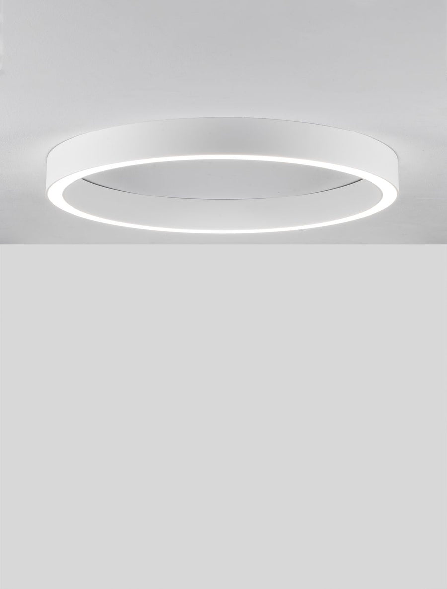 Plafonnier rond blanc allumé, fixé au plafond, formant un anneau lumineux.
