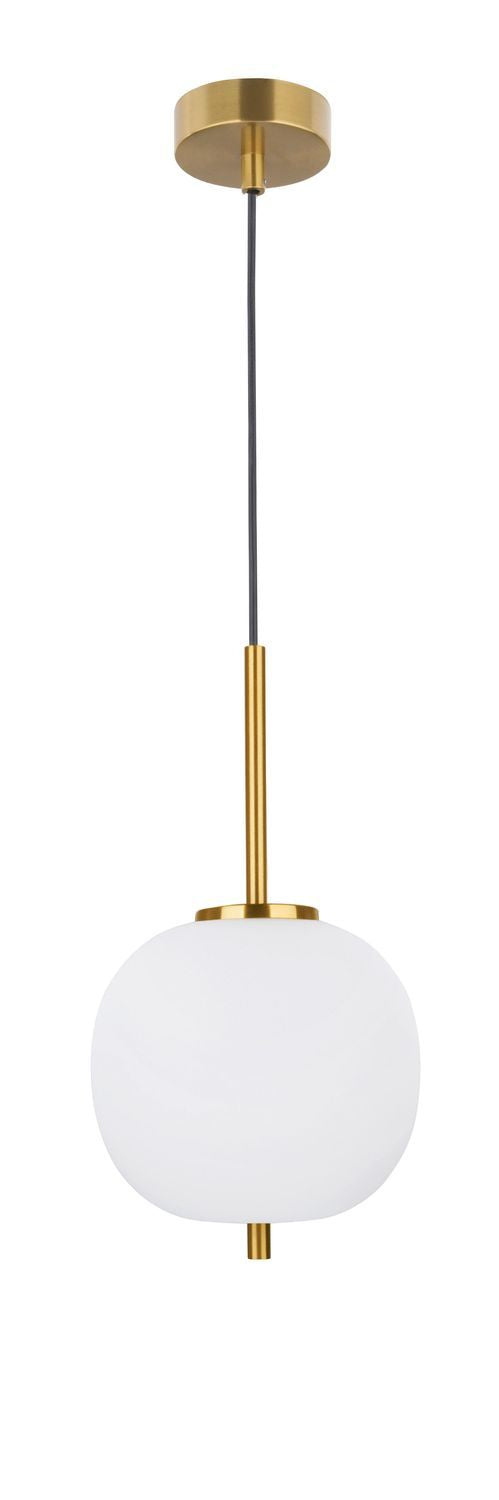 Vue de face de la suspension complète avec sphère blanche et tige dorée.