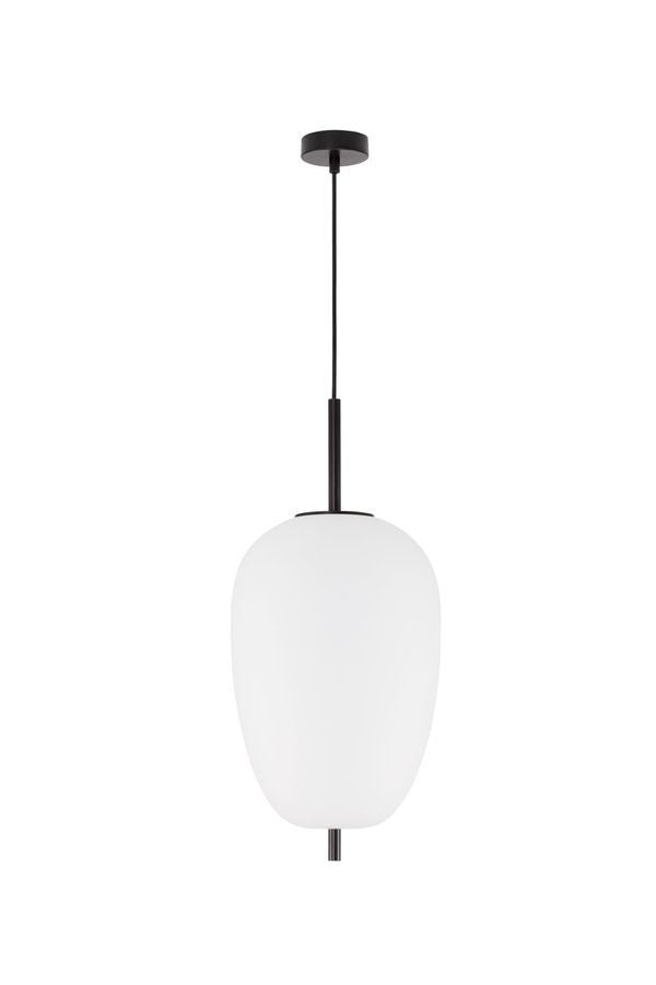 Vue de face de la suspension complète avec rosace, câble et diffuseur ovale.