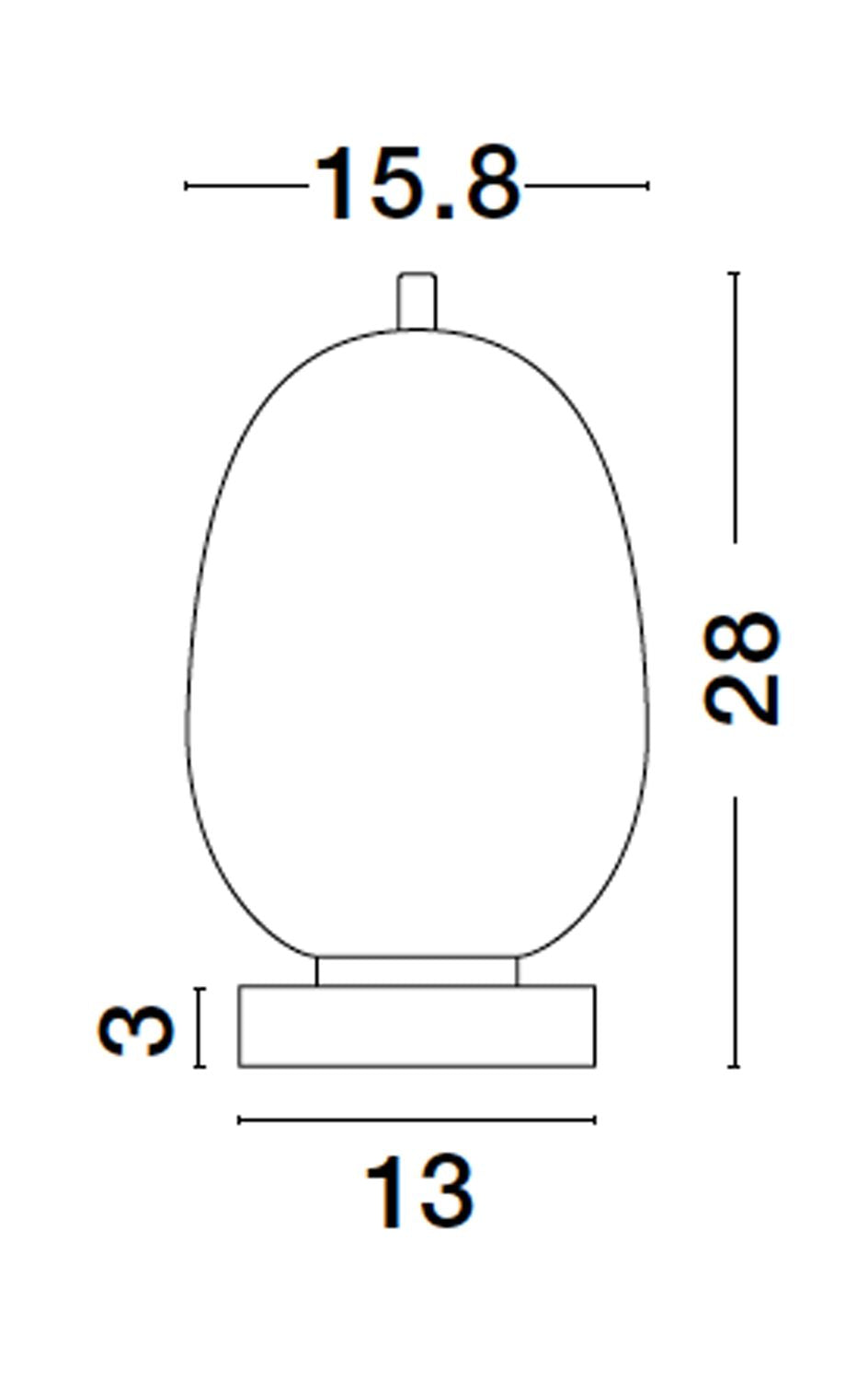 Schéma coté de la lampe : 28 cm de hauteur, 15,8 cm de largeur