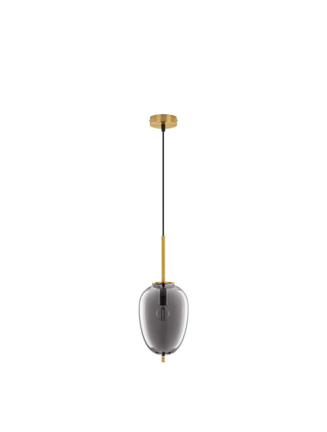 Vue d'ensemble de la suspension sur fond blanc, câble noir et rosace dorée visibles.