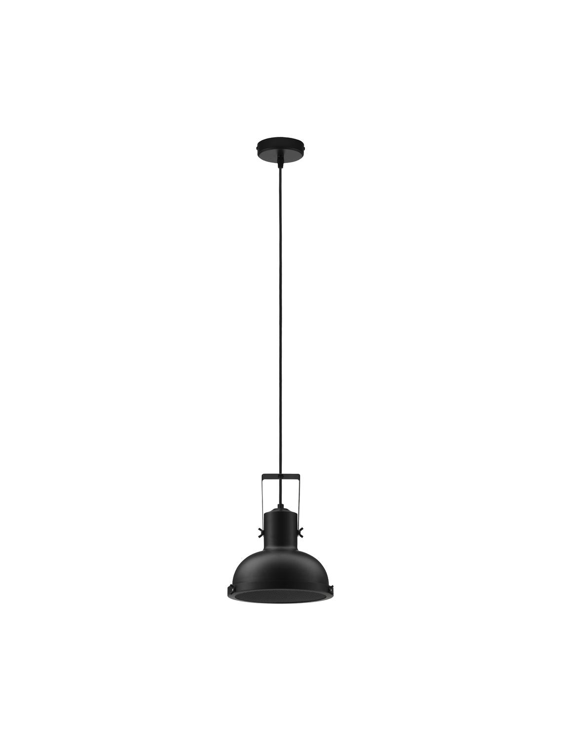Vue de face du luminaire suspendu noir sur fond blanc, câble et rosace
