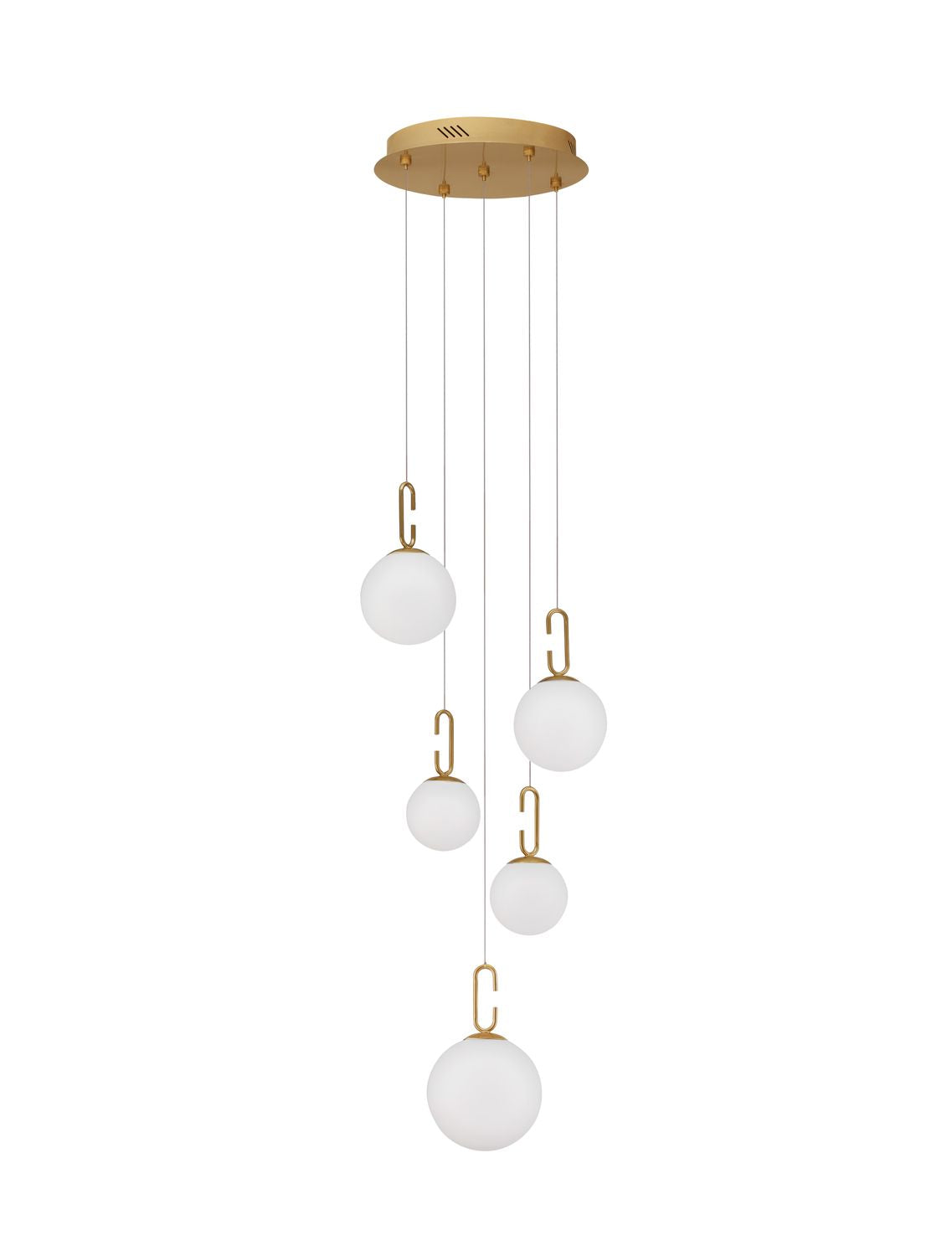 Luminaire suspendu vu de face sur fond blanc avec sa rosace ronde en laiton