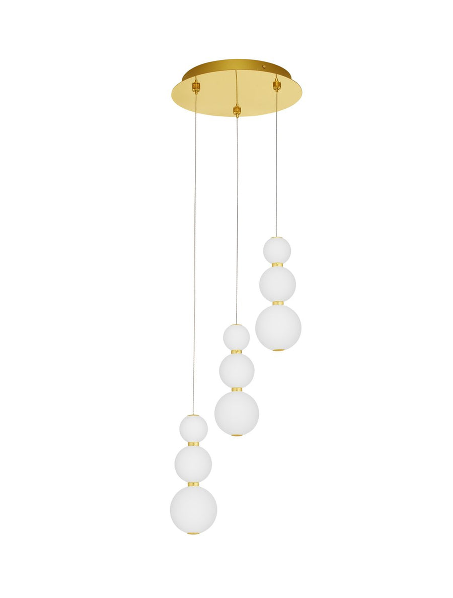 Vue de face de la suspension aux trois cordons et neuf globes de verre blanc.