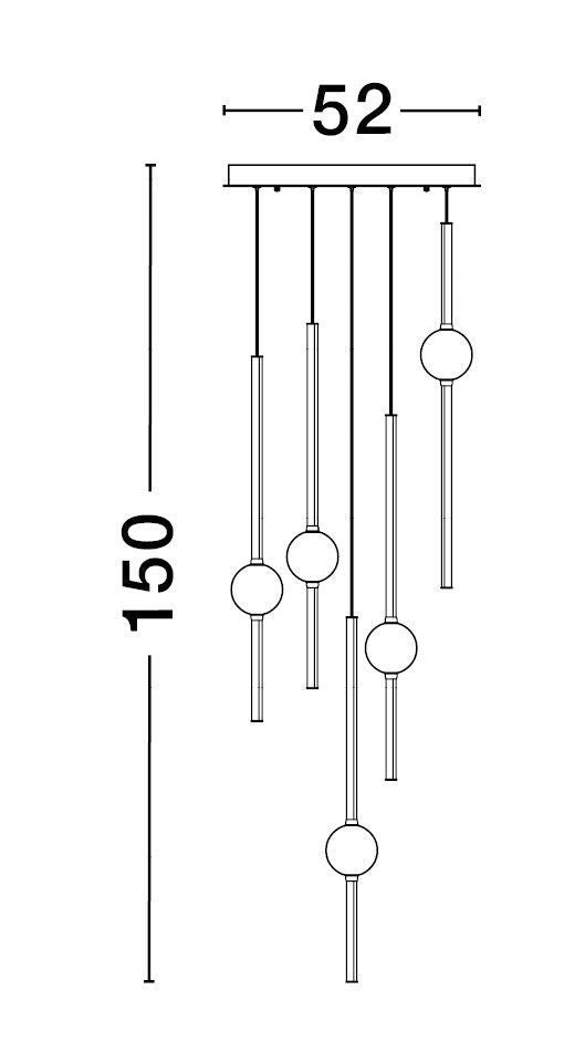 Schéma coté du luminaire indiquant 52 cm de diamètre et 150 cm de hauteur
