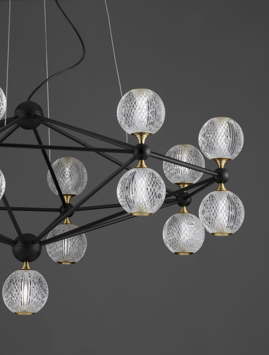 Détail rapproché des globes en verre strié et des bras noirs