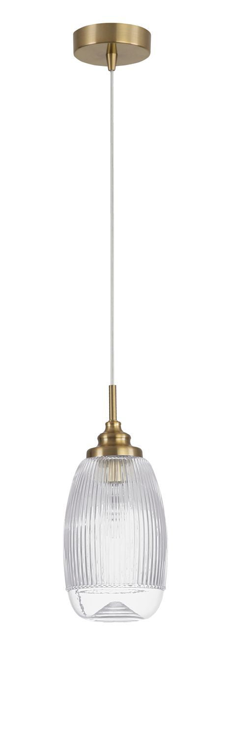 Vue d'ensemble du luminaire suspendu, rosace laiton, câble et abat-jour en verre strié