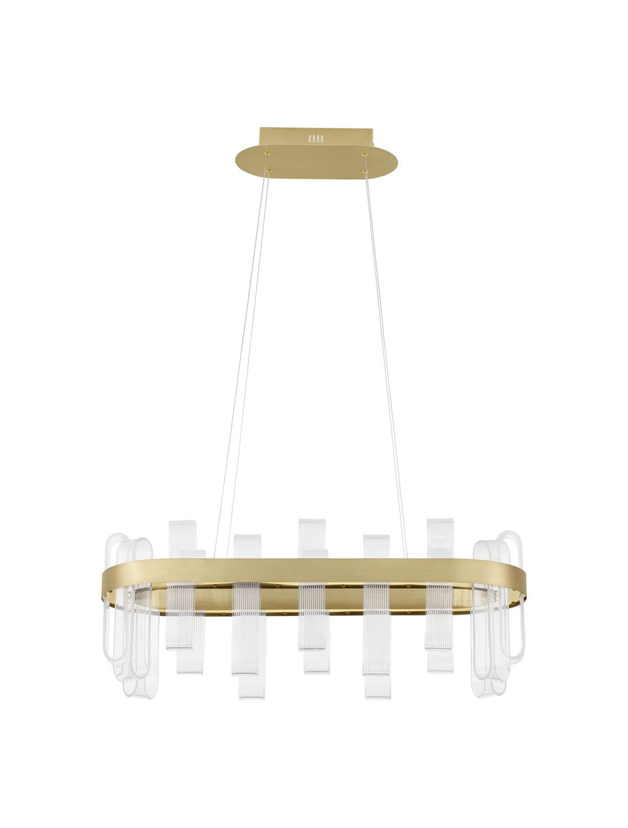 Vue de face du luminaire sur fond blanc, anneau laiton et tubes de verre