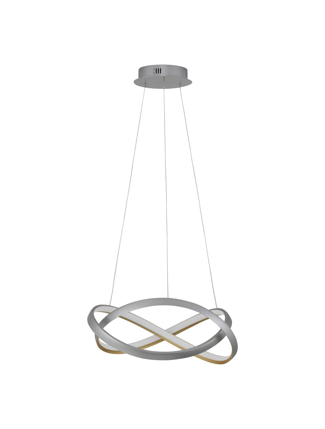 Vue de face du luminaire suspendu sur fond blanc, anneaux croisés