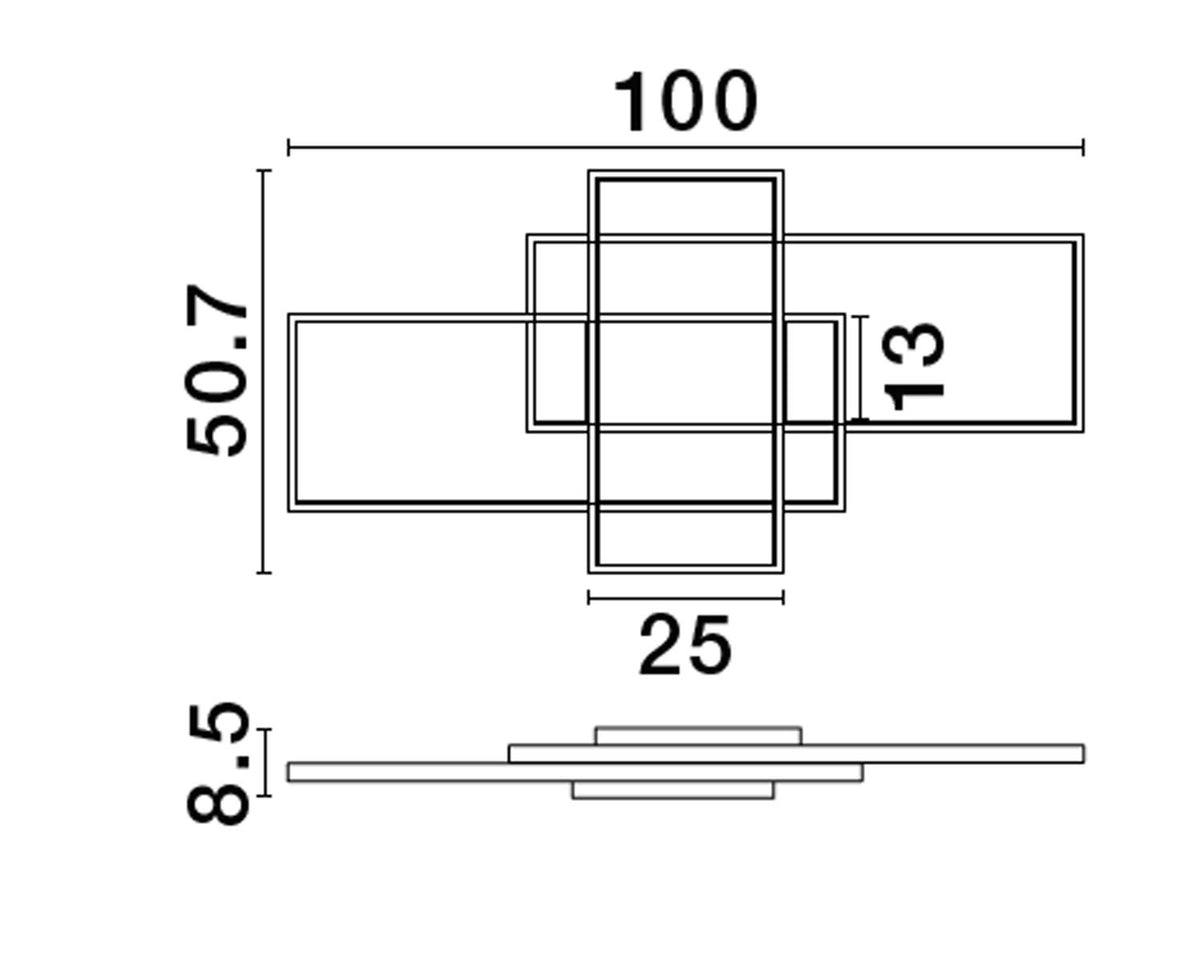 Schéma de dimensions du plafonnier : longueur 100 cm, largeur 50,7 cm et hauteur 8,5 cm.