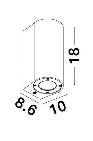 Schéma coté du luminaire indiquant une hauteur de 18 cm et une base de 10 cm.