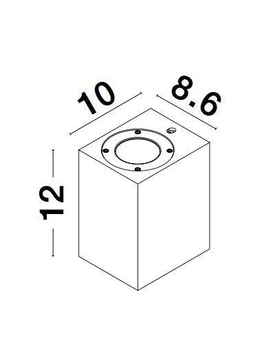 Schéma coté du luminaire : hauteur 12, largeur 10 et profondeur 8,6 cm