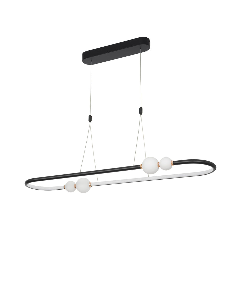 Vue de face du luminaire suspendu ovale noir avec ses quatre globes en verre