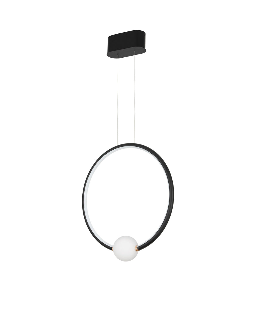 Vue de face du luminaire avec embase, câbles et anneau sur fond blanc.