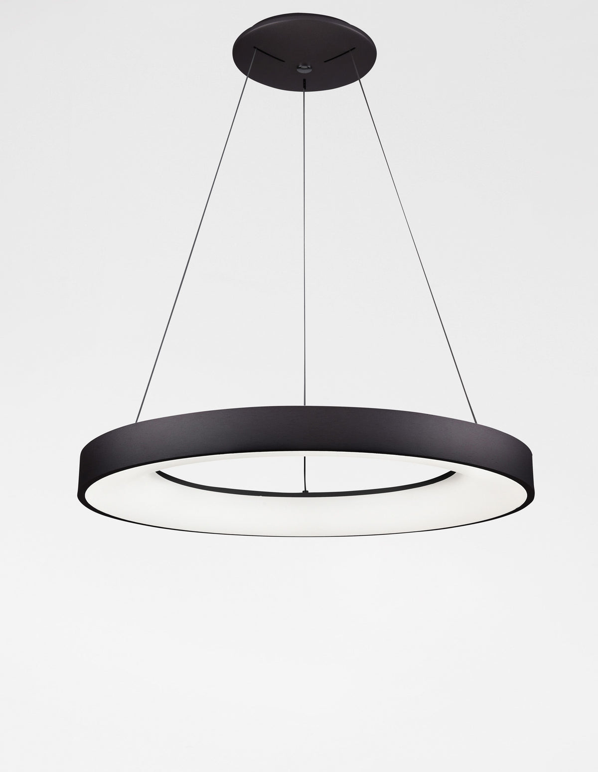 Vue de face du luminaire sur fond blanc, anneau noir et diffuseur opalin