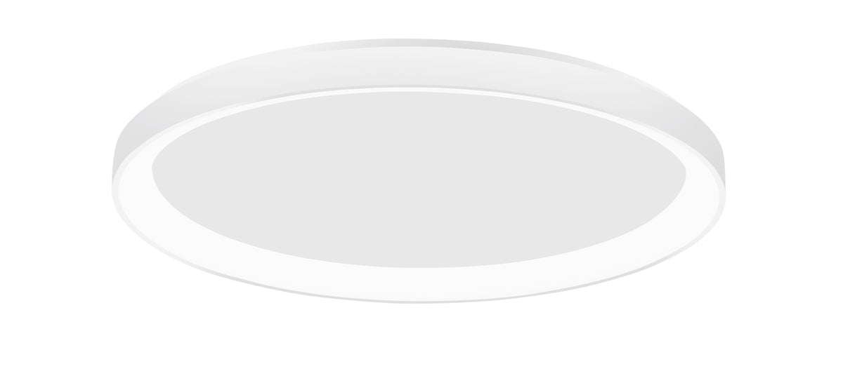 Vue de biais du luminaire isolé sur fond blanc, profil bas et épuré