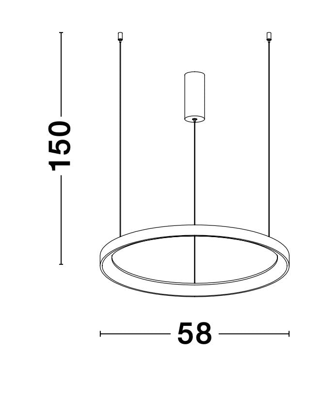 Schéma technique coté : hauteur 150 cm et diamètre 58 cm