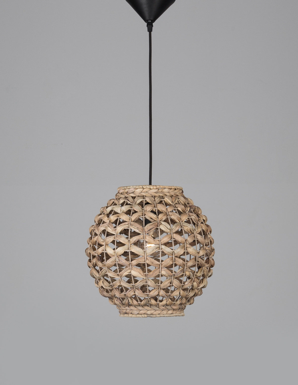 Vue de face du luminaire avec sa coupole noire et son câble de suspension