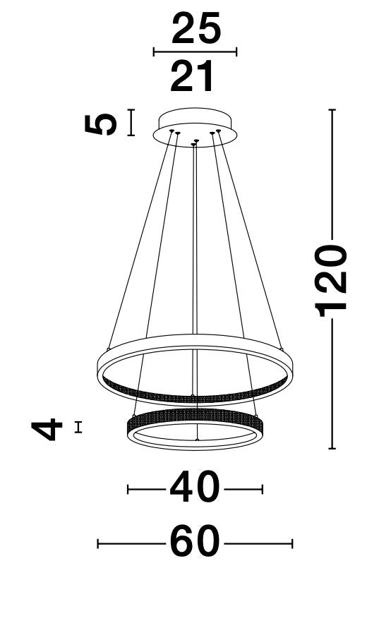 Schéma coté de la suspension : hauteur 120 cm, diamètre 60 cm, rosace 25 cm.
