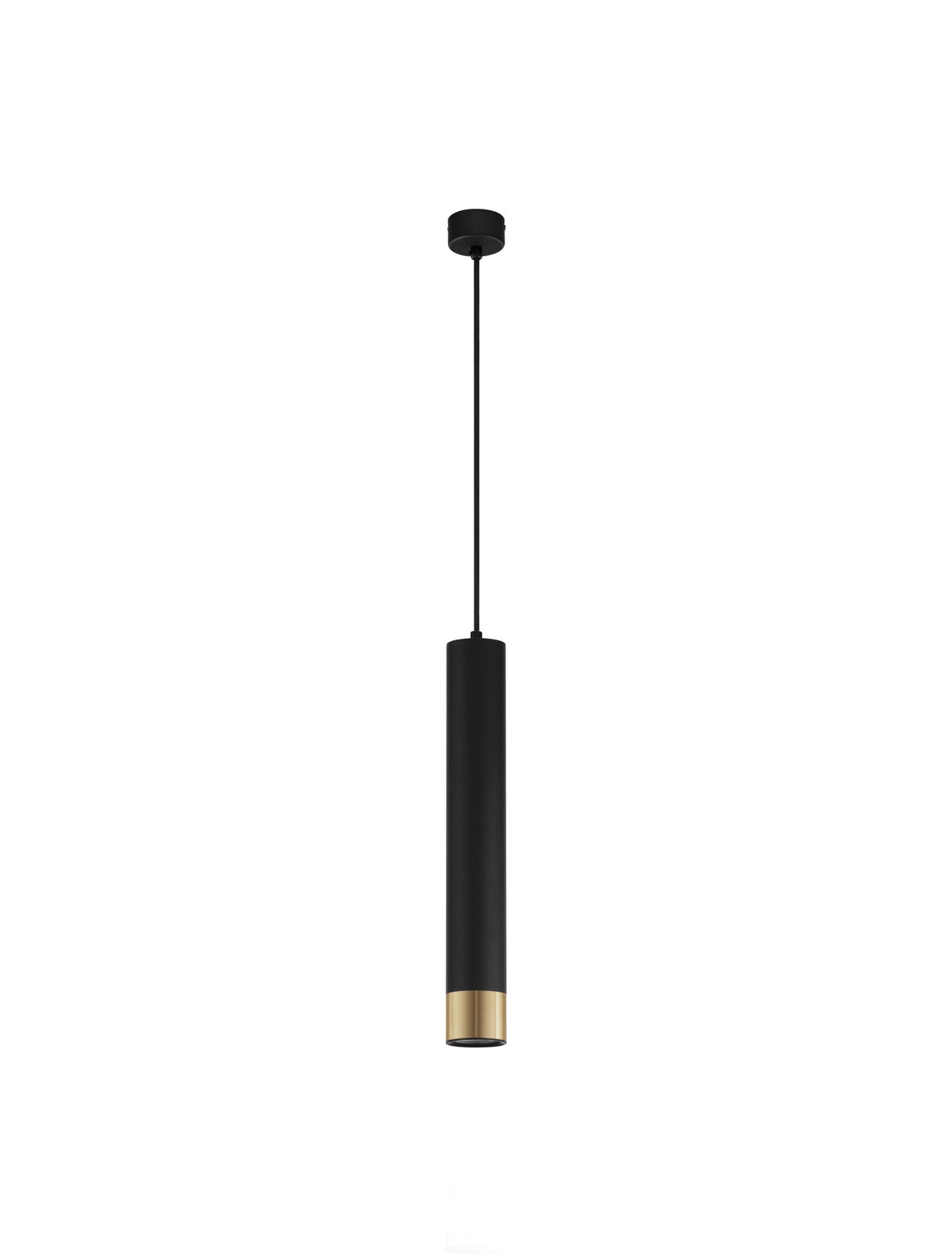 Vue de face du luminaire suspendu sur fond blanc, câble et rosace noirs