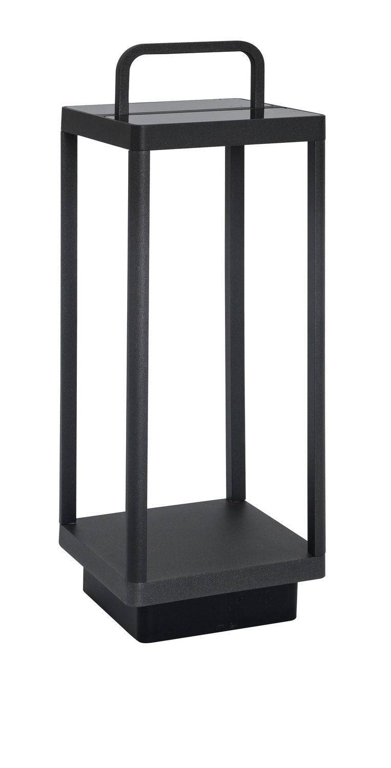 Vue produit sur fond blanc, borne rectangulaire anthracite avec anse supérieure et montants verticaux.