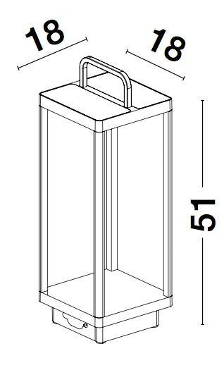 Schéma de dimensions du luminaire : largeur et profondeur 18 cm, hauteur totale 51 cm.