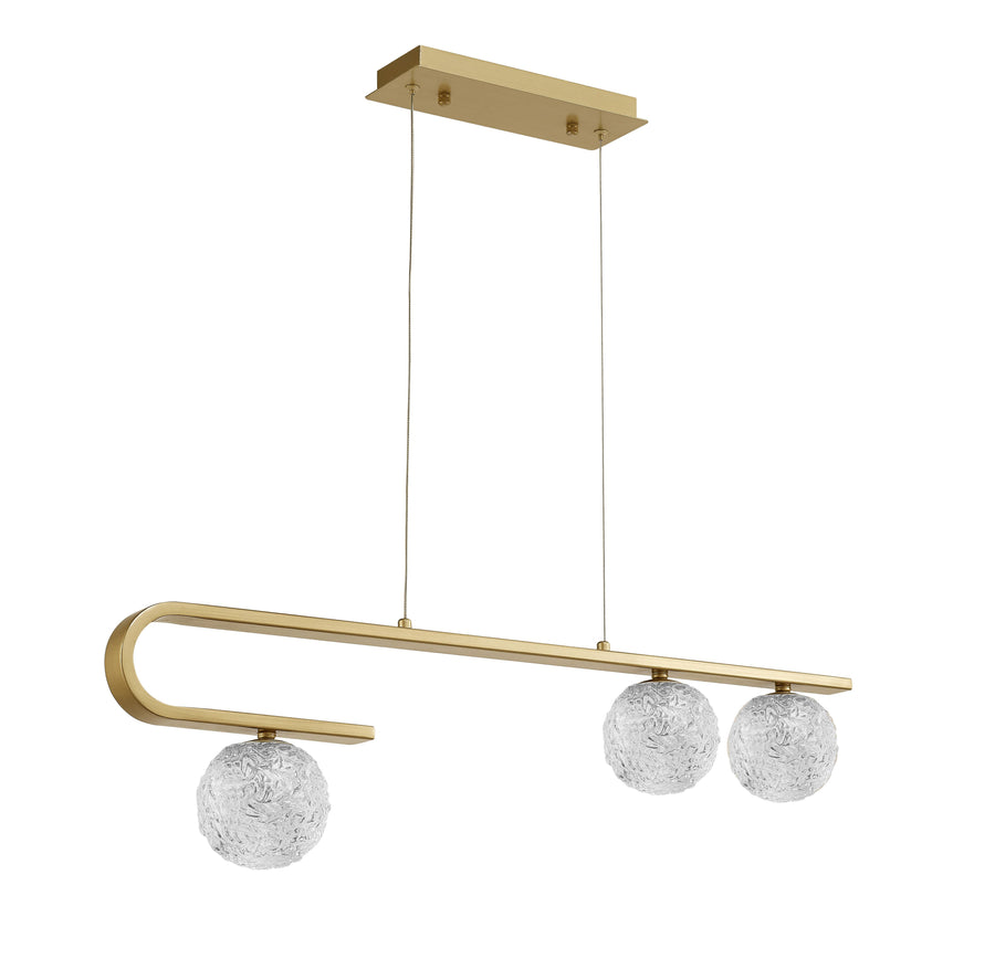 Produit entier sur fond blanc, structure laiton et boules de verre givré
