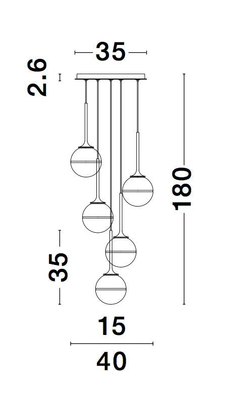 Suspension Cantona 5 lumières dorée, verre (9960614)