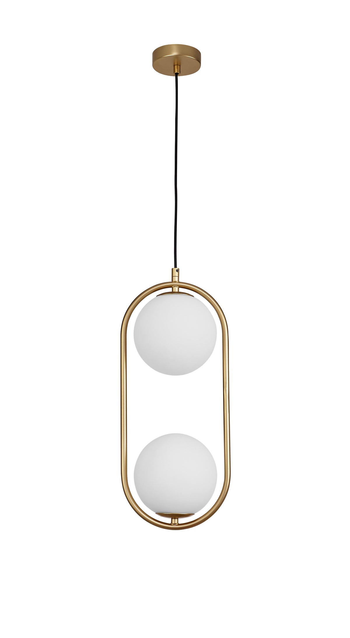 Vue de face du luminaire sur fond blanc, structure ovale dorée et globes opalins