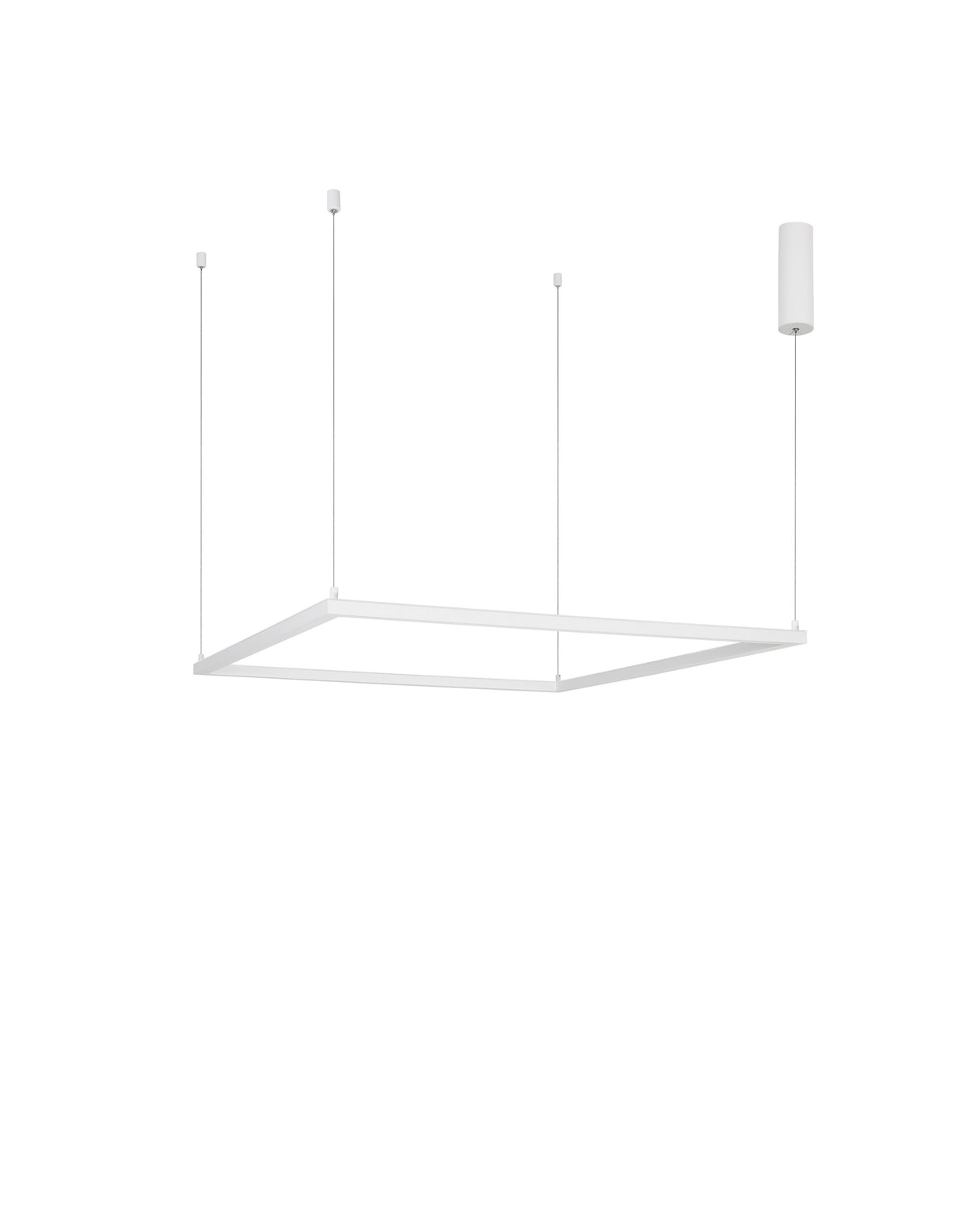 Produit de face sur fond blanc, cadre carré blanc suspendu par quatre câbles fins