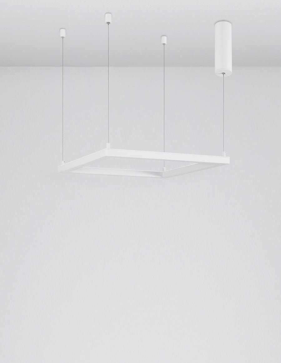 Vue en situation du cadre lumineux blanc éclairant une pièce minimaliste