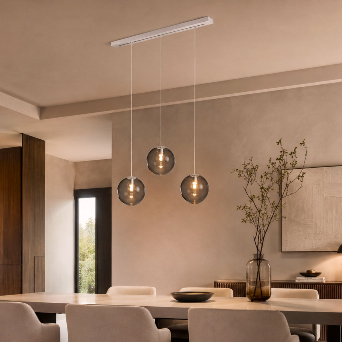 Suspension de table Orb 3 lumières, longueur 120 cm, verres Ø 30 cm