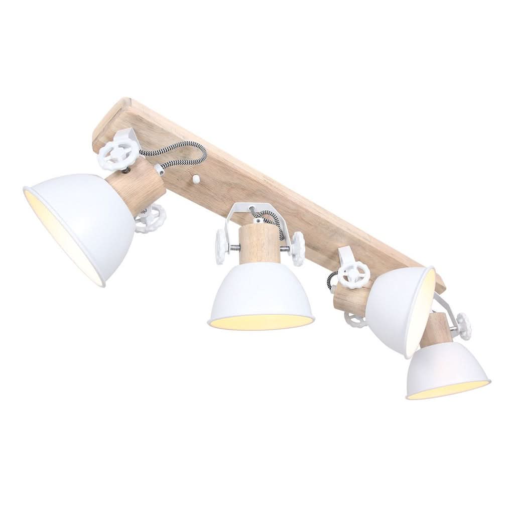 Plafonnier industriel 4 spots blanc, bois et métal orientable 90 cm | Gearwood