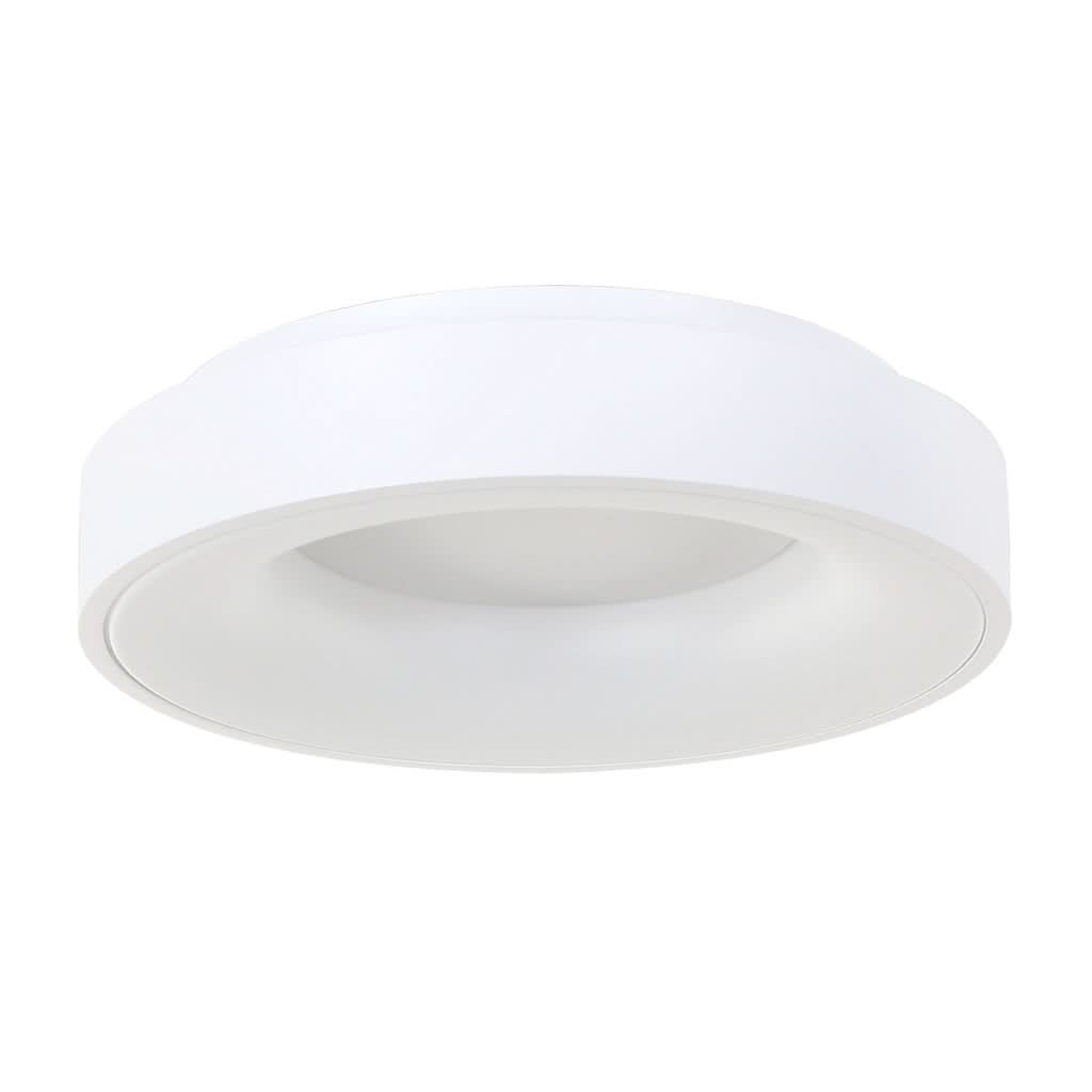 Vue de dessous du plafonnier blanc, diffuseur opalin et cerclage métallique.