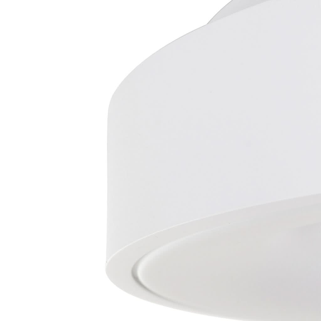 Détail de la silhouette cylindrique et du bord arrondi du luminaire blanc.
