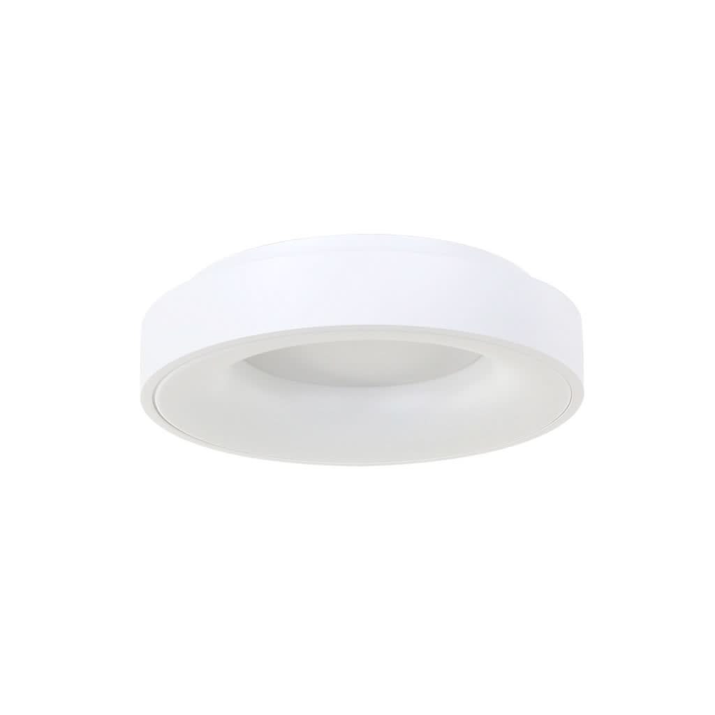 Vue de trois quarts du plafonnier blanc éteint, cerclage et diffuseur bombé