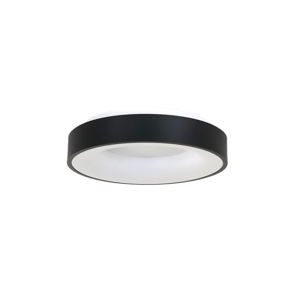 Vue de dessous du luminaire éteint, cercle noir et vasque laiteuse