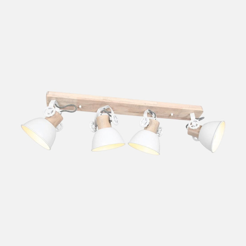 Plafonnier industriel 4 spots blanc, bois et métal orientable 90 cm | Gearwood