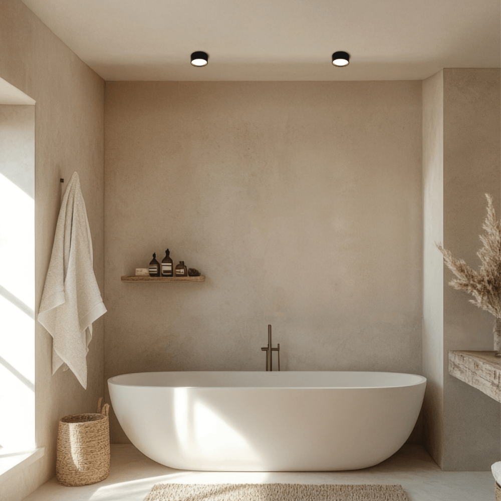 Mise en ambiance salle de bain, deux plafonniers noirs fixés au plafond beige
