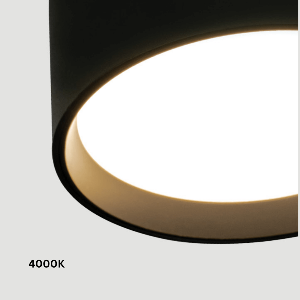Détail de la lumière blanche froide 4000K sous le boîtier cylindrique noir