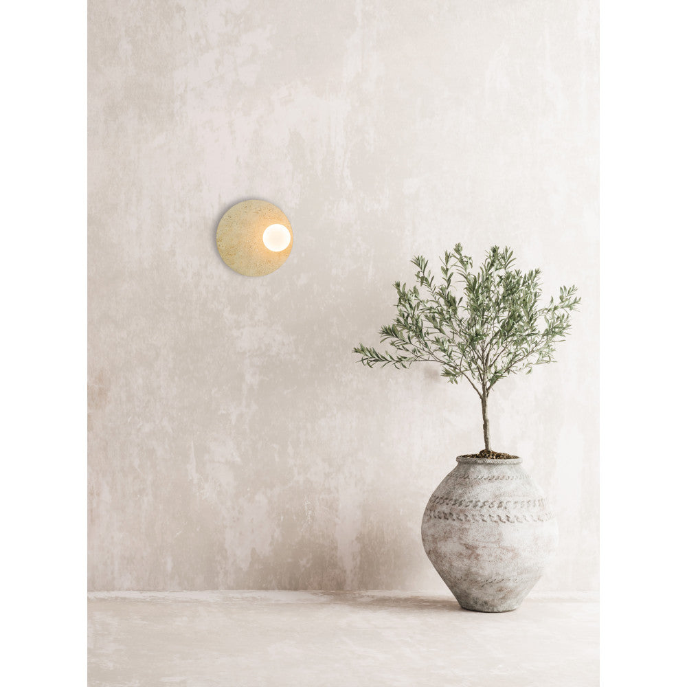 Mise en ambiance murale avec applique allumée, mur beige et plante en pot.