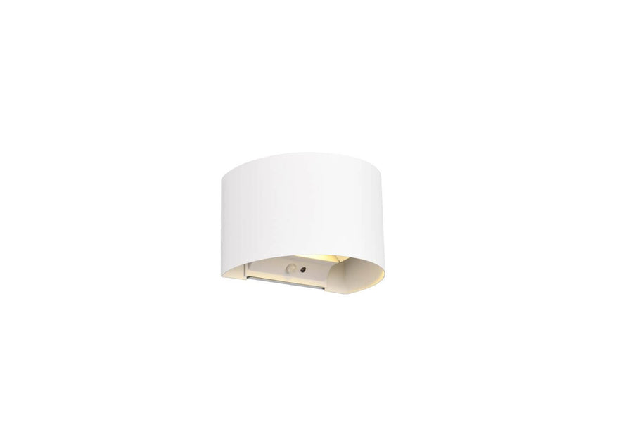 Vue de trois quarts du luminaire blanc mat montrant la coque cintrée