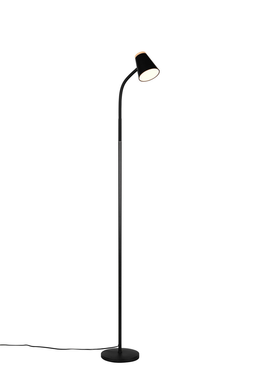 Vue de profil du lampadaire, tige courbée et câble d'alimentation au sol.